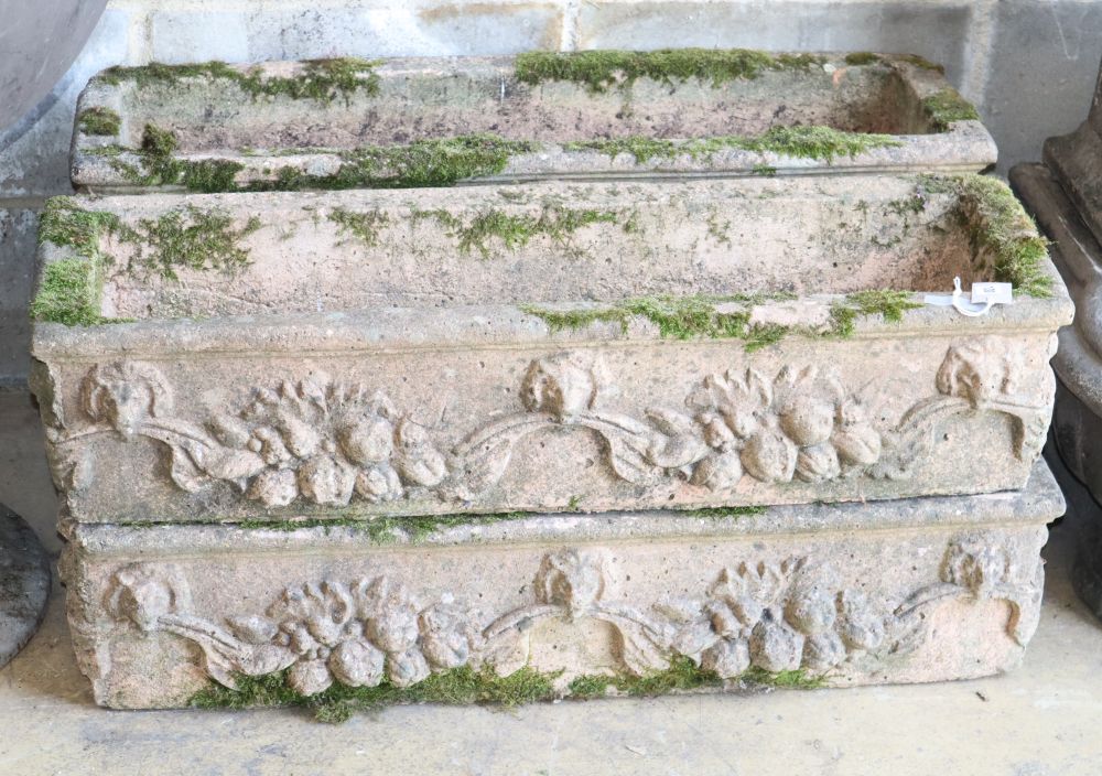 A set of four composition stone rectangular garden planters, W.91cm, H.20cm